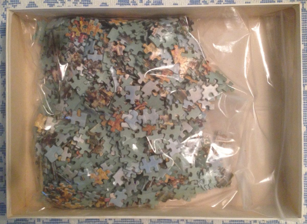 Image of the puzzle 1000, Ravensburger, The Bank of Loing near Moret, Alfred Sisley, Complete, Picture of the bag