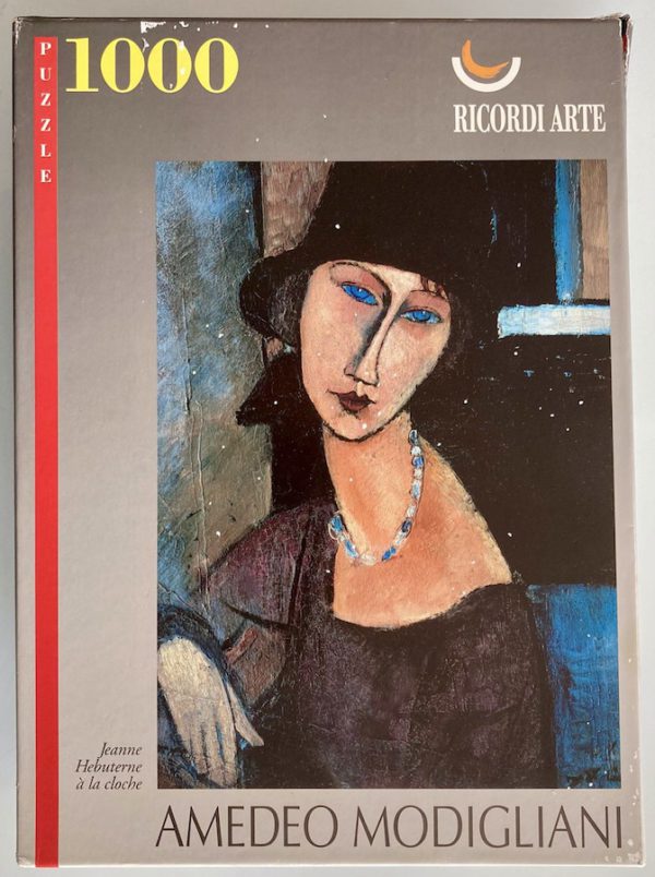 Image of the puzzle 1000, Ricordi, Jeanne Hebuterne with Hat and Necklace, by Amedeo Modigliani, Sealed Bag, Picture of the box