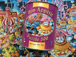 Image of the puzzle 500, Heye, American Fast Food, by Michael Ryba, Complete, Picture of the can and the puzzle