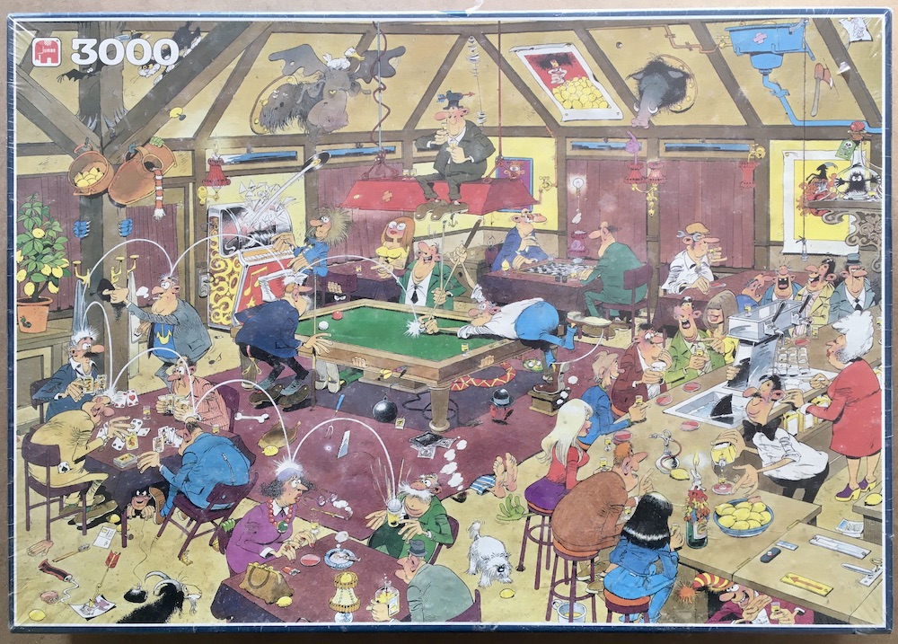 3000, Jumbo, Shooting Pool, by Jan van Haasteren, Factory Sealed, Listed by Jorge Image of the puzzle 3000, Jumbo, Shooting Pool, by Jan van Haasteren, Factory Sealed, Picture fo the box
