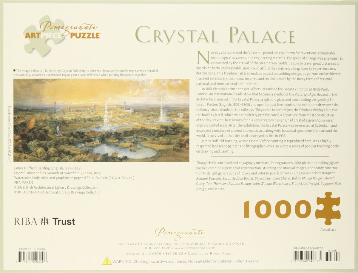 1000, Pomegranate, Crystal Palace, by J. D. Harding, Factory Sealed, Listed by Cathy Image of the puzzle 1000, Pomegranate, Crystal Palace, by J. D. Harding, Factory Sealed, Picture of the back