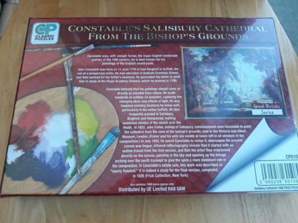 Image of the puzzle 1000, Classic Puzzles, Salisbury Cathedral From the Bishops Ground, by John Constable, Picture of the back