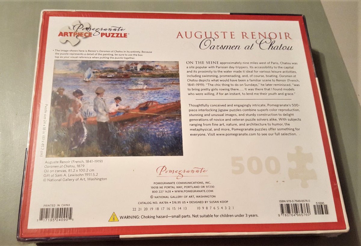 Image of the puzzle 500, Pomegranate, Oarsmen at Chatou, by Renoir, Factory Sealed, Picture of the back