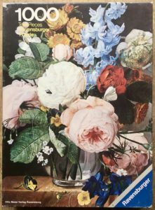 Image of the puzzle 1000, Ravensburger, Flowers in a Glass Vase, by Jan Frans Eliaerts, Complete, Picture of the box