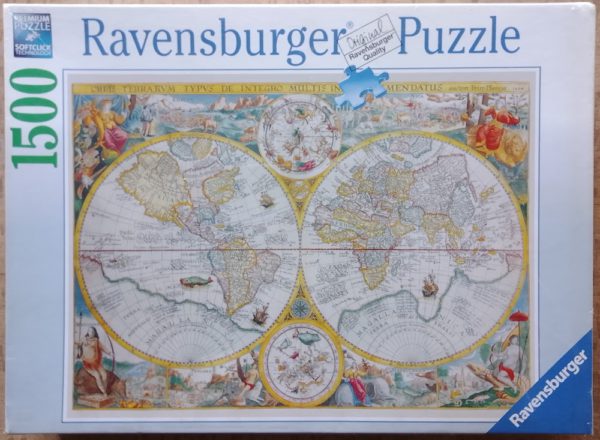 Image of the puzzle 1500, Ravensburger, World Map 1594, by Petrus Plancius, Factory Sealed, Picture of the box