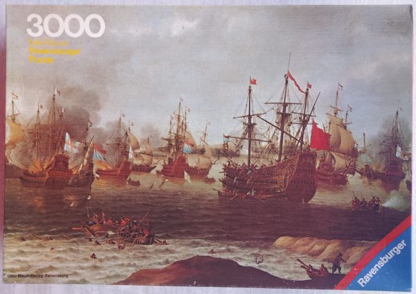 Image of the puzzle 3000, Ravensburger, Frigates in Battle, by Pieter Cornelisz van Soest, Sealed Bag, Picture of the box