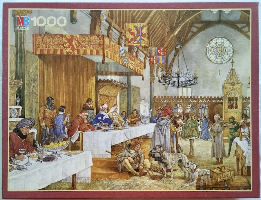 1000, MB, Court Jesters in Knights' Hall 1394, by Johan Herman Isings, Complete, 2021-05-17 Image of the puzzle 1000, MB, Court Jesters in Knights' Hall 1394, by Johan Herman Isings, Complete, Picture of the box