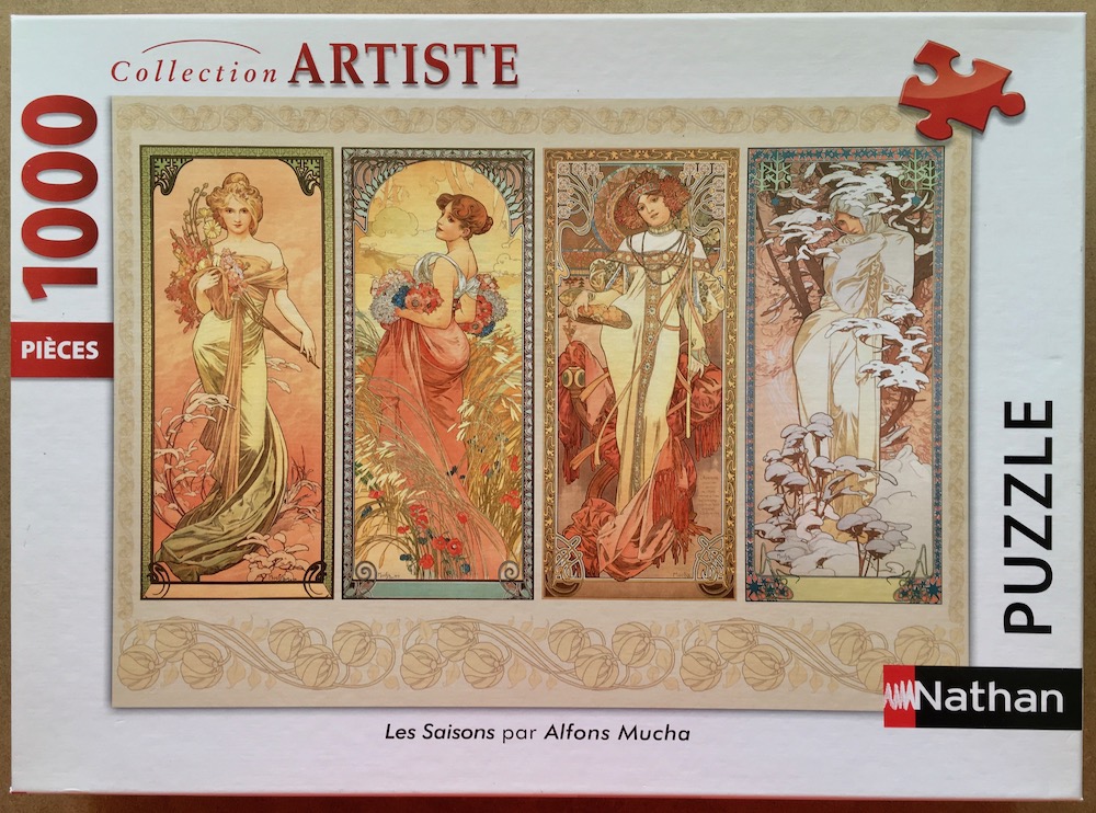 1000, Nathan, The Seasons, by Alphonse Mucha, Complete, Listed by Jorge Image of the puzzle 1000, Nathan, The Seasons, by Alphonse Mucha, Complete, Picture of the box