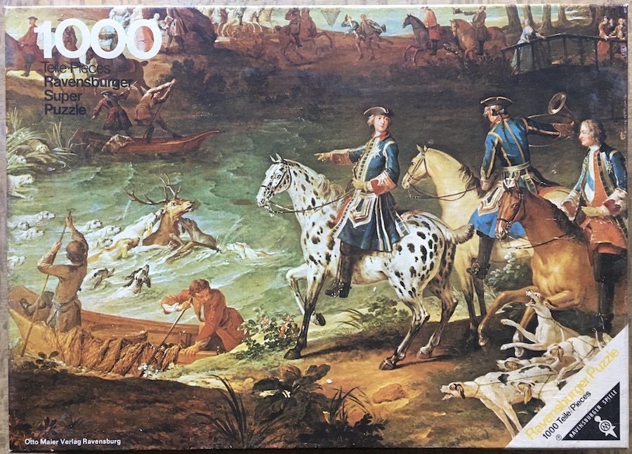 1000, Ravensburger, Stag Hunt, by Jean-Baptiste Oudry, Complete, 2021-11-01 Image of the puzzle 1000, Ravensburger, Stag Hunt, by Jean-Baptiste Oudry, Complete, Picture of the box