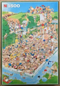 Image of the puzzle 1000, Jumbo, Fun around the Pool, by Jan van Haasteren, Sealed Bag, Picture of the box