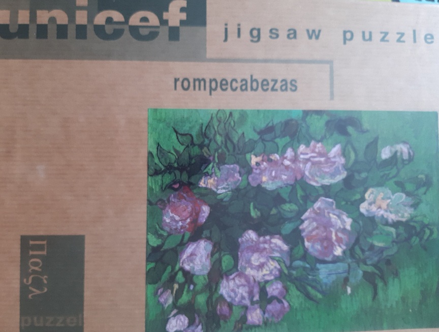 1000, Unicef, Pink Roses, by Vincent an Gogh, Factory Sealed, Listed by Vivi Image of the puzzle 1000, Unicef, Pink Roses, by Vincent an Gogh, Factory Sealed