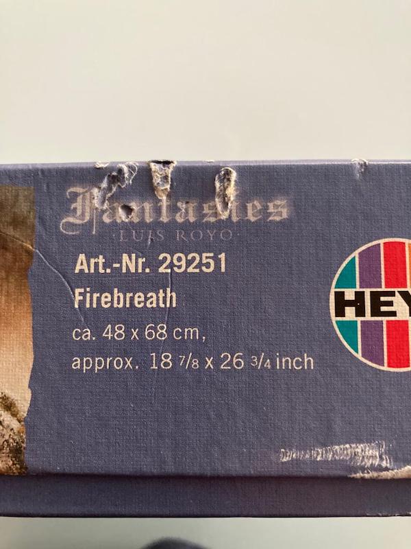 Image of the puzzle 1000, Heye, Firebreath, Luis Royo, Sealed Bag, Detail of the box