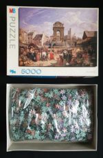 Image of the puzzle 5000, MB, The Market and Fountain of the Innocents, Paris. Picture of the bag with pieces puzzle.