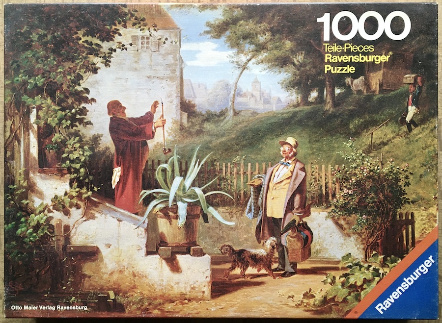 1000, Ravensburger, The Childhood Friend, by Carl Spitzweg, Complete, 2021-11-01 Image of the puzzle 1000, Ravensburger, The Childhood Friend, by Carl Spitzweg, Complete, Picture of the box