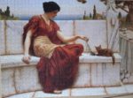 Image of the puzzle 1000, Peony Press, The Favorite, John William Godward. Picture of the completed puzzle.