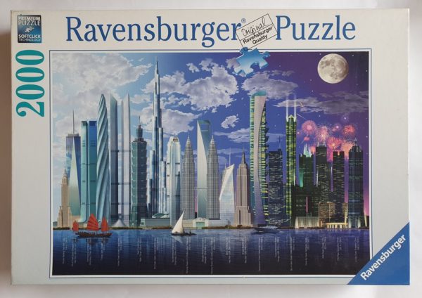 Image of the puzzle 2000, Ravensburger, World’s Highest Buildings, Garry Walton. Picture of the box.