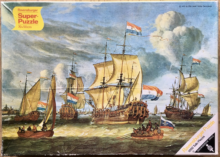 1000, Ravensburger, Frigate in the Port of Amsterdam, by Abraham Storck, Complete, 2022-01-16 Image of the puzzle 1000, Ravensburger, Frigate in the Port of Amsterdam, by Abraham Storck, Complete, Picture of the box