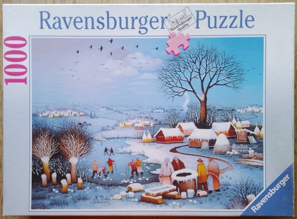 Image of the puzzle 1000, Ravensburger, Winter in the Village, by Martin Dukin, Complete, Picture of the box