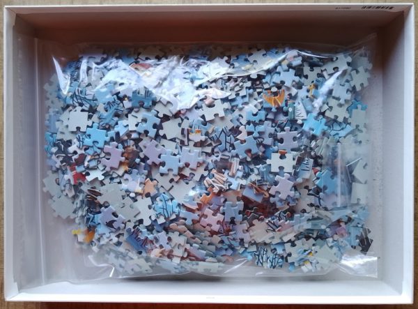Image of the puzzle 1000, Ravensburger, Winter in the Village, by Martin Dukin, Complete, Picture of the bag