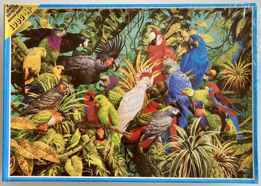 1000, JH, Rainforest Parrots, John Francis, Factory Sealed, 2021-04-12 Image of the puzzle 1000, JH, Rainforest Parrots, John Francis, Factory Sealed