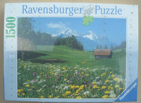 Image of the puzzle 1500, Ravensburger, Spring Meadow, Zugspitze and Alpspitze, by Reinhard Schmid, Factory Sealed, Picture of the box