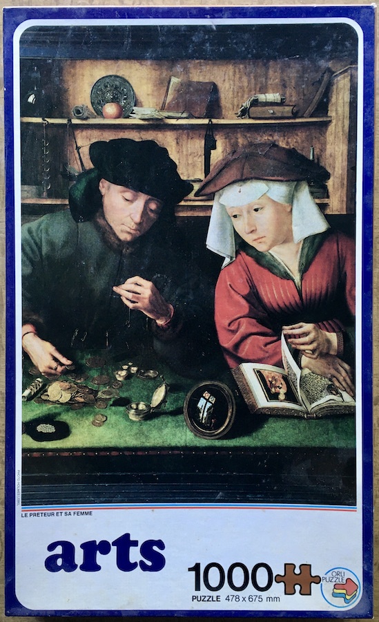 1000, Orli, The Money Changer and his Wife, by Quentin Matsys, Incomplete, 2019-10-25 Image of the puzzle 1000, Orli, The Money Changer and his Wife, by Quentin Matsys, Incomplete, Picture of the box
