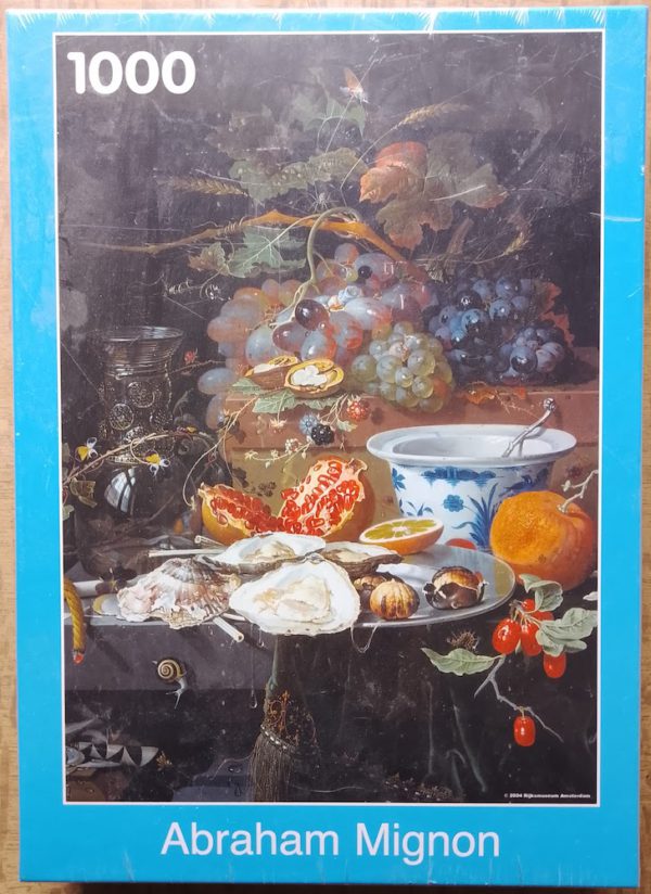Image of the puzzle 1000, Puzzelman, Still Life with Fruit, Oysters and a Porcelain Bowl, by Abraham Mignon, Factory Sealed, Picture of the box