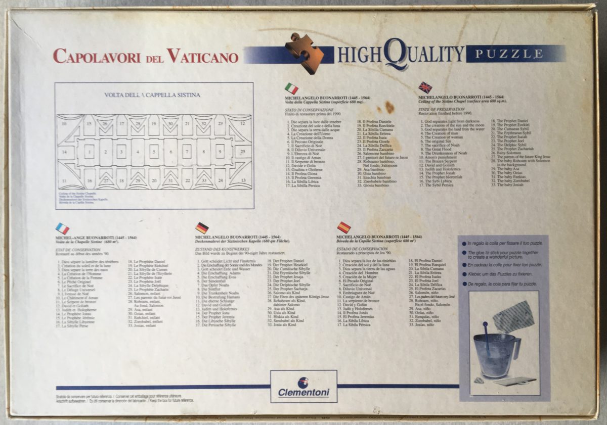 3000, Clementoni, The Sistine Chapel Ceiling, by Michelangelo, Sealed Bag, 2023-12-16 Image of the puzzle 3000, Clementoni, The Sistine Chapel Ceiling, by Michelangelo, Sealed Bag, Picture of the back