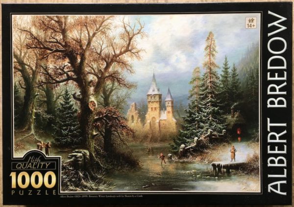 Image of the puzzle 1000, D-Toys, Romantic Winter Landscape with Ice Skaters by a Castle, by Albert Bredow, Sealed Bag, Picture of the box