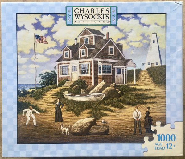 Image of the puzzle 1000, MB, A Delightful Day on Sparkhawk Island, by Charles Wysocki, Complete, Picture of the box