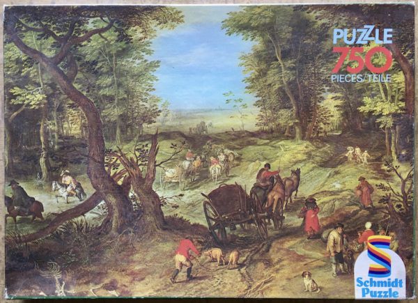 Image of the puzzle 750, Schmidt, Travelers on a Forest Road, by Jan Brueghel the Elder, Incomplete, Picture of the box