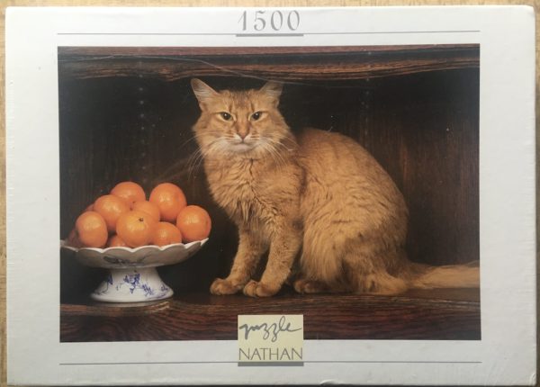 Image of the puzzle 1500, Nathan, A Cat with Oranges, by Gérard Lacz, Factory Sealed, Picture of the box
