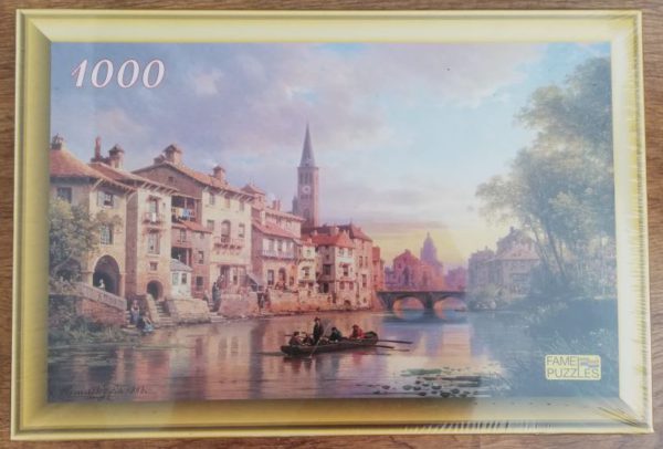 Image of the puzzle 1000, Fame, Riverside Village, by Charles Kuwasseg, Factory Sealed, Picture of the box
