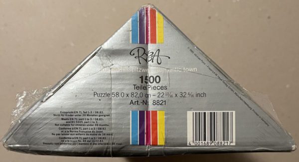 Image of the puzzle 1500, Heye, Frei nach Spitzweg: Romantic Town, by Michael Ryba, Factory Sealed, Detail of the box