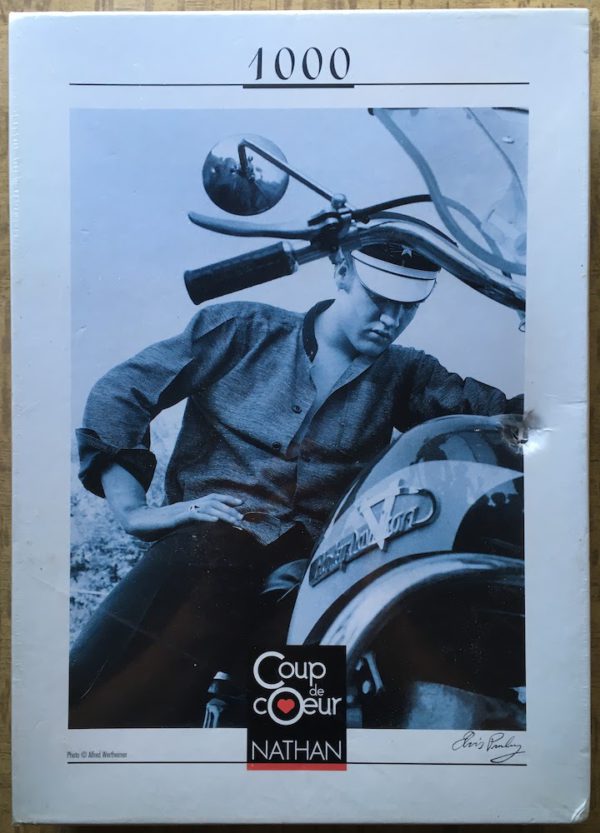 Image of the puzzle 1000, Nathan, Elvis on his Motorcycle, by Alfred Wertheimer, Factory Sealed, Picture of the box