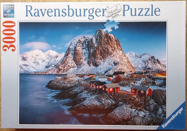 Image of the puzzle 3000, Ravensburger, Hamnoy, Lofoten, by Tom Mackie, Factory Sealed, Picture of the box
