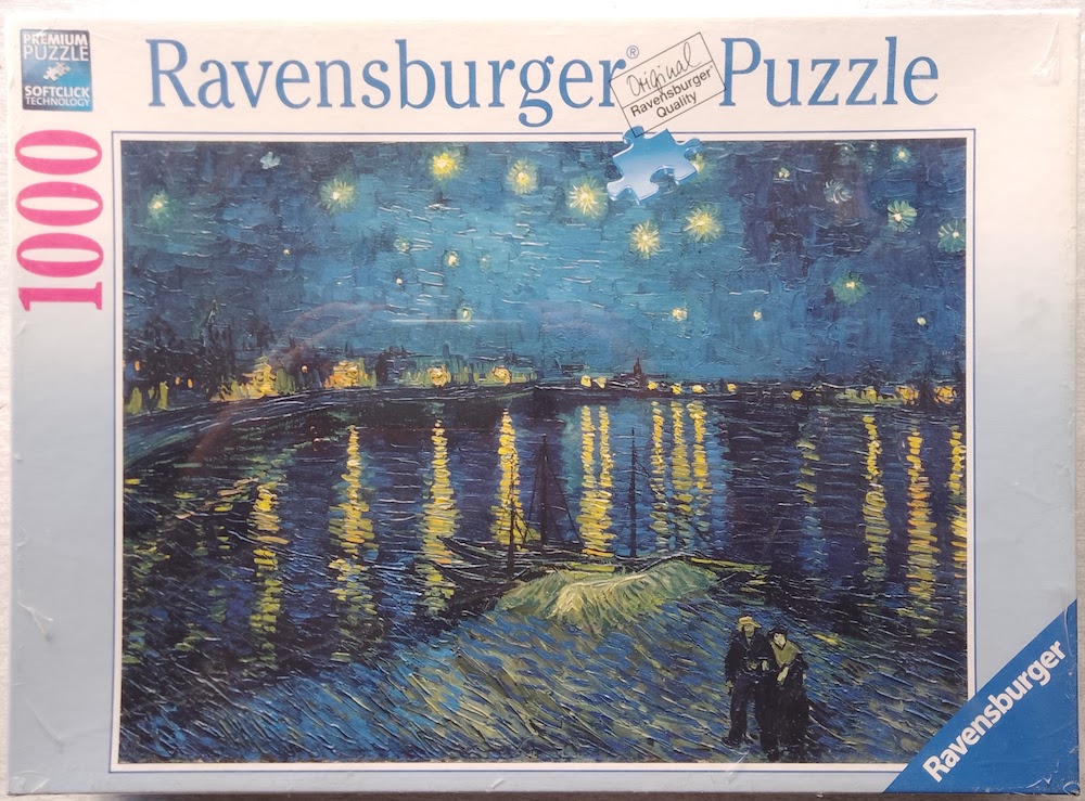 1000, Ravensburger, Starry Night Over the Rhône, by Vincent van Gogh, Factory Sealed, 2022-09-20 Image of the puzzle 1000, Ravensburger, Starry Night Over the Rhône, by Vincent van Gogh, Factory Sealed, Picture of the box