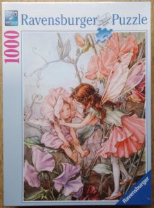 Image of the puzzle 1000, Ravensburger, The Sweet Pea Fairies, by Cicely Mary Barker, Factory Sealed, Picture of the box