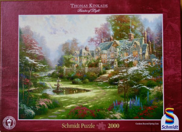 Image of the puzzle 2000, Schmidt, Gardens Beyond Spring Gate, by Thomas Kinkade, Sealed Bag, Picture of the box