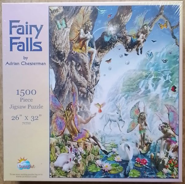 Image of the puzzle 1500, Sunsout, Fairy Falls, by Adrian Chesterman, Factory Sealed, Picture of the box