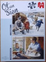 Image of the puzzle 1000x2, Jumbo, Skating & Mother doing the Laundry, by Cornelis Jetses, Complete, Picture of the box