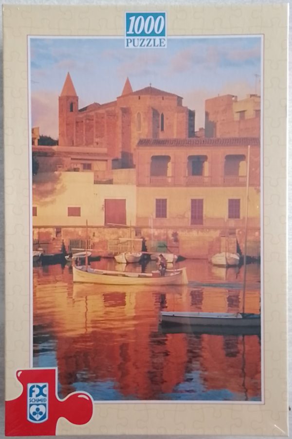 Image of the puzzle 1000, F.X. Schmid, Evening in Majorca, by David C. Tomlinson, Factory Sealed, Picture of the box