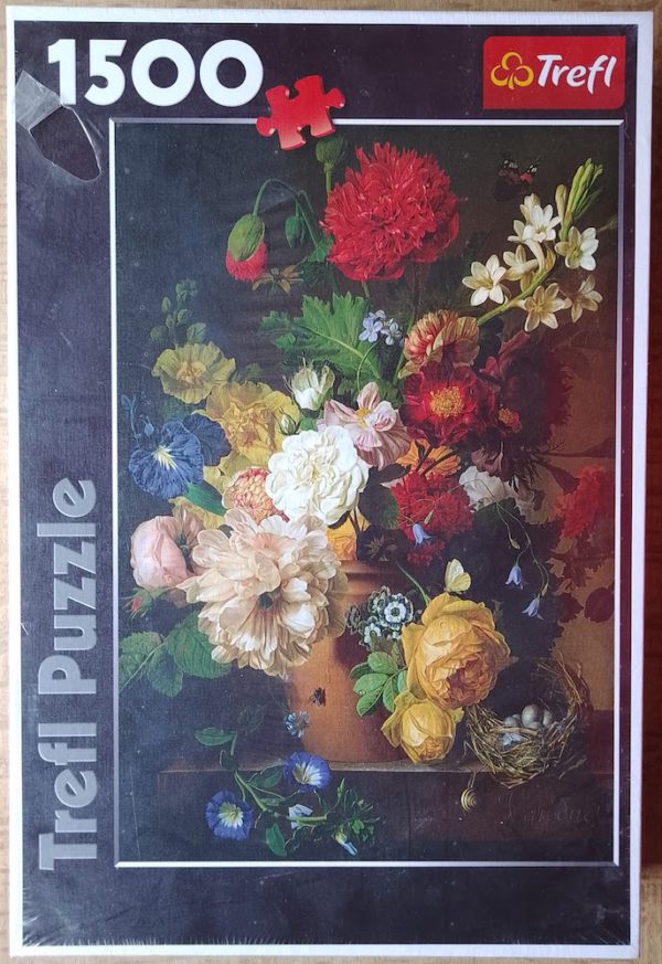 Image of the puzzle 1500, Trefl, Flower Still Life on a Marble Ledge, by Jan Frans van Dael, Factory Sealed, Picture of the box