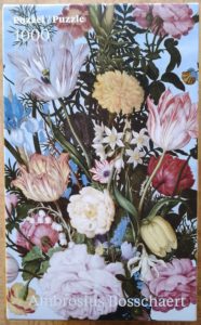 Image of the puzzle 1000, Puzzelman, Vase of Flowers in a Window, by Ambrosius Bosschaert the Elder, Incomplete, Picture of the box
