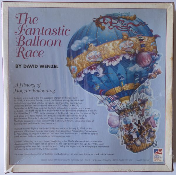 Image of the puzzle 1000, Great American Puzzle Factory, The Fantastic Balloon Race, by David Wenzel, Factory Sealed, Picture of the back