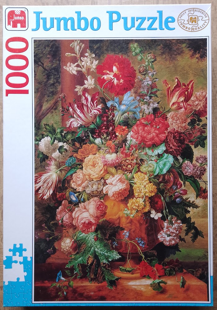 1000, Jumbo, Still Life with Flowers, Complete, 2022-10-01 Image of the puzzle 1000, Jumbo, Still Life with Flowers, Complete, Picture of the box