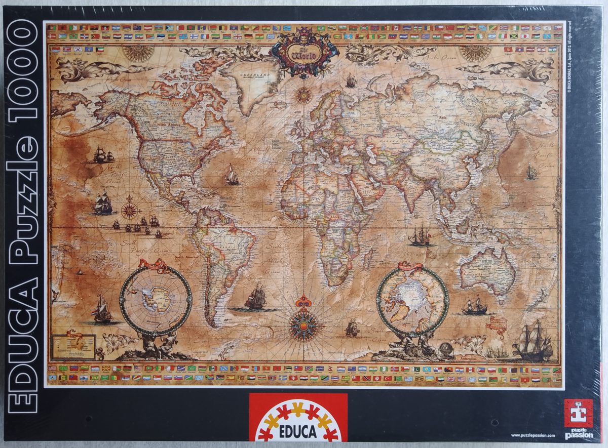 1000, Educa, Antique World Map, by Rajko Žigić, Factory Sealed, 2022-12-10 Image of the puzzle 1000, Educa, Antique World Map, by Rajko Žigić, Factory Sealed, Picture of the box
