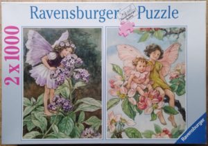 Image of the puzzle 2x1000, Ravensburger, The Heliotrope Fairy & The Apple Blossom Fairy, by Cicely Mary Barker, Picture of the box