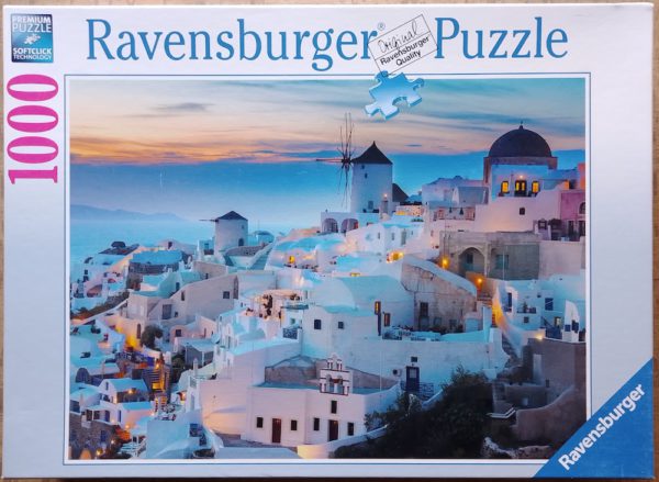 Image of the puzzle 1000, Ravensburger, Evening in Santorini, Complete, Picture of the box