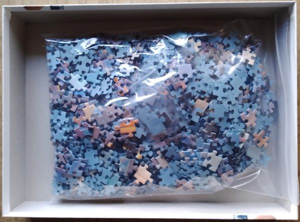 Image of the puzzle 1000, Ravensburger, Evening in Santorini, Complete, Picture of the bag
